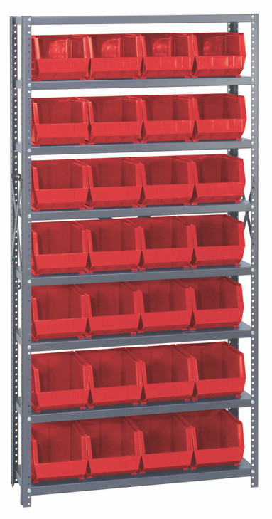 QSBU-239RD Shelving Unit, 12"D x 36"L x 75"H, heavy duty, 400 lb. load capacity per shelf, includes: (8) shelves and (28) QUS239 red bins, uprights and cross bars, galvanized steel finish