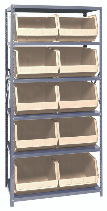 QSBU-270IV Shelving Unit, 18"D x 36"L x 75"H, heavy duty, 400 lb. load capacity per shelf, includes: (6) shelves and (10) QUS270 ivory bins, uprights and cross bars, galvanized steel finish