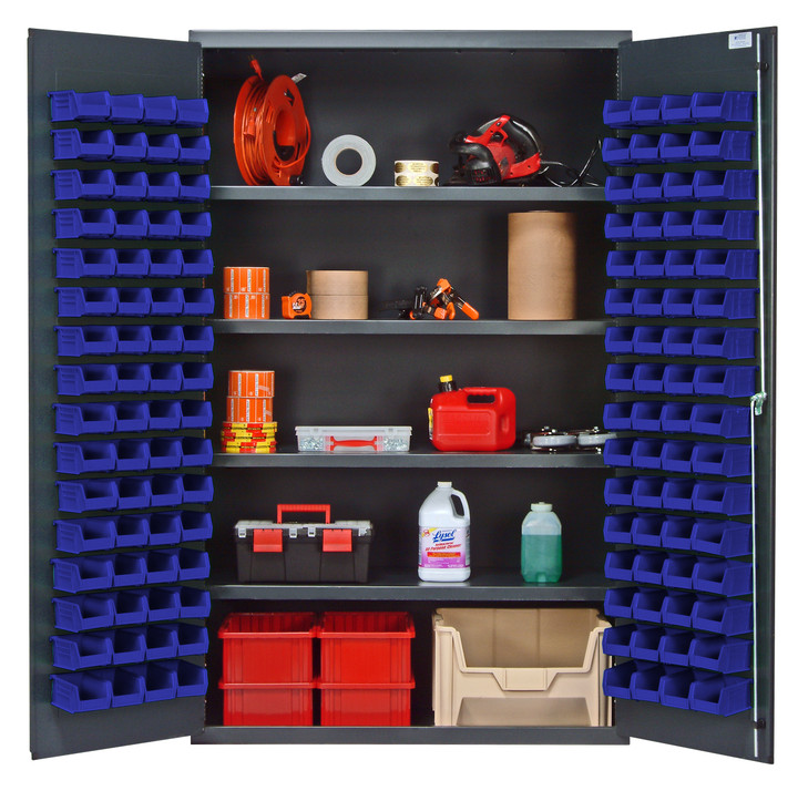 QSC-4803BL Heavy-Duty 48" Bin Cabinet, 48"W x 24"D x 78"H, 400 lb. capacity per interior shelf, 14 gauge all welded construction, includes: (4) adjustable shelves and (128) QUS210 blue bins, gray powder-coated finish
