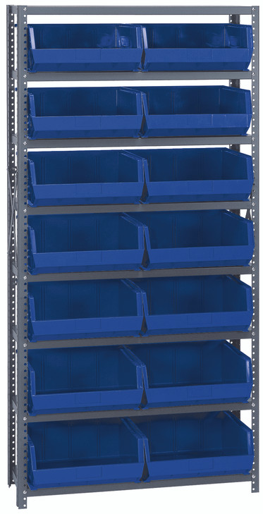 QSBU-250BL Shelving Unit, 12"D x 36"L x 75"H, heavy duty, 400 lb. load capacity per shelf, includes: (8) shelves and (14) QUS250 blue bins, uprights and cross bars, galvanized steel finish