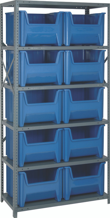 QSBU-800BL Shelving Unit, 18"D x 36"L x 75"H, heavy duty, 400 lb. load capacity per shelf, includes: (6) shelves and (10) QGH800 blue bins, uprights and cross bars, galvanized steel finish