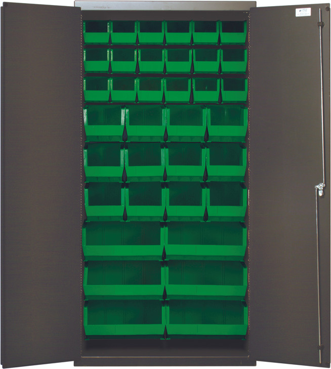 QSC-36-FDGN Heavy-Duty 36" Bin Cabinet, 36"W x 18"D x 72"H, 14 gauge all welded construction, includes: (18) QUS230, (12) QUS240 and (6) QUS250 green bins, gray powder-coated finish