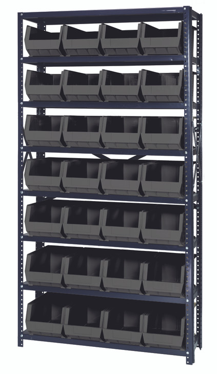 QSBU-240BK Shelving Unit, 12"D x 36"L x 75"H, heavy duty, 400 lb. load capacity per shelf, includes: (8) shelves and (28) QUS240 black bins, uprights and cross bars, galvanized steel finish