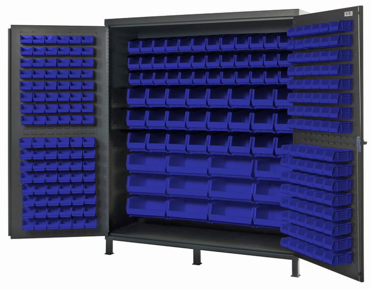 QSC-72BL Heavy-Duty 72" Bin Cabinet, 72"W x 24"D x 84"H, 14 gauge all welded construction, includes: (96) QUS210, (96) QUS220, (36) QUS230, (24) QUS240 and (12) QUS250 blue bins, gray powder-coated finish