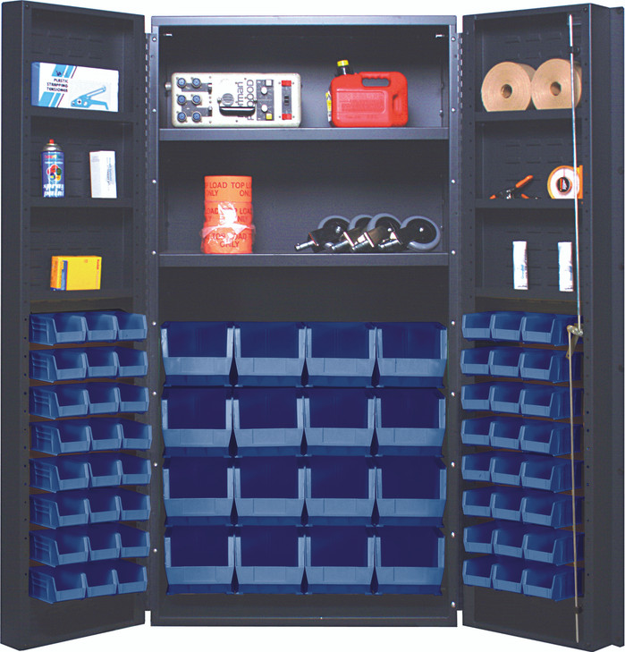 QSC-64-2S-6DSBL Heavy-Duty 36" Bin Cabinet, 36"W x 24"D x 72"H, 800 lb. capacity per interior shelf and 60 lb. capacity per foor shelf, 14 gauge all welded construction, includes: (48) QUS220 and (16) QUS240 blue bins, gray power coated finish