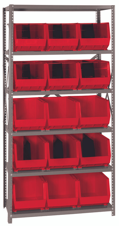 QSBU-260RD Shelving Unit, 18"D x 36"L x 75"H, heavy duty, 400 lb. load capacity per shelf, includes: (6) shelves and (15) QUS260 red bins, uprights and cross bars, galvanized steel finish