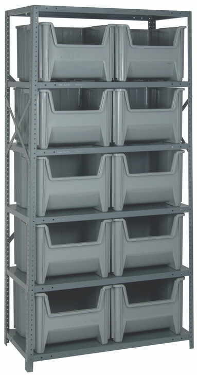 QSBU-800GY Shelving Unit, 18"D x 36"L x 75"H, heavy duty, 400 lb. load capacity per shelf, includes: (6) shelves and (10) QGH800 gray bins, uprights and cross bars, galvanized steel finish