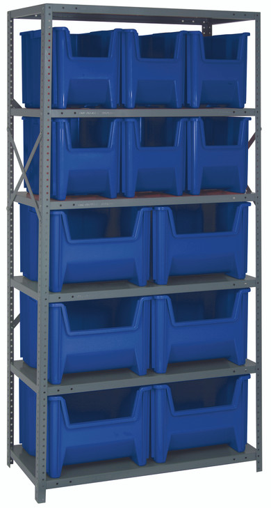 QSBU-600800BL Shelving Unit, 18"D x 36"L x 75"H, heavy duty, 400 lb. load capacity per shelf, includes: (6) shelves (6) QGH600 and (6) QGH800 blue bins, uprights and cross bars, galvanized steel finish
