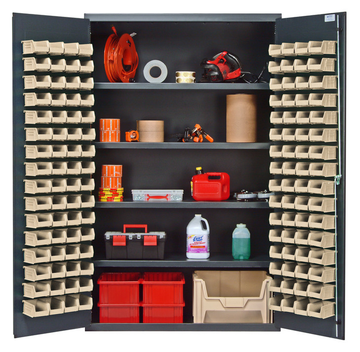 QSC-4803IV Heavy-Duty 48" Bin Cabinet, 48"W x 24"D x 78"H, 400 lb. capacity per interior shelf, 14 gauge all welded construction, includes: (4) adjustable shelves and (128) QUS210 ivory bins, gray powder-coated finish