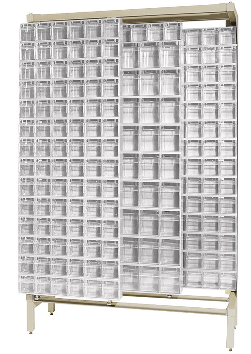 QS-305306-52WT Free Standing Slider, 18"D x 48"W x 77"H, 2000 lbs load capacity, made of though 14 gauge steel, includes: (9) QTB305 and (43) QTB306 tip out white bins