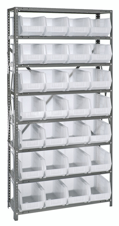 QSBU-240CL Shelving Unit, 12"D x 36"L x 75"H, heavy duty, 400 lb. load capacity per shelf, includes: (8) shelves and (28) QUS240 clear bins, uprights and cross bars, galvanized steel finish