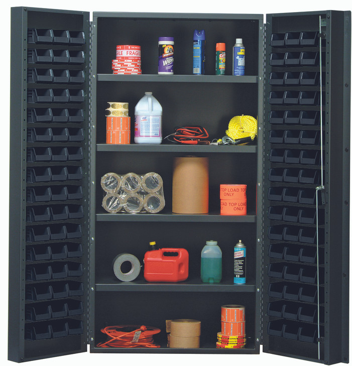 QSC-36-96-4ISBK Heavy-Duty 36" Bin Cabinet, 36"W x 24"D x 72"H, 800 lb. capacity per interior shelf, 14 gauge all welded construction, includes: (92) QUS210 black bins, gray powder-coated finish