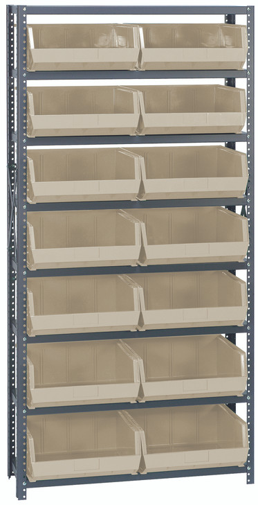 QSBU-250IV Shelving Unit, 12"D x 36"L x 75"H, heavy duty, 400 lb. load capacity per shelf, includes: (8) shelves and (14) QUS250 ivory bins, uprights and cross bars, galvanized steel finish