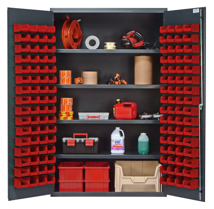 QSC-4803RD Heavy-Duty 48" Bin Cabinet, 48"W x 24"D x 78"H, 400 lb. capacity per interior shelf, 14 gauge all welded construction, includes: (4) adjustable shelves and (128) QUS210 red bins, gray powder-coated finish