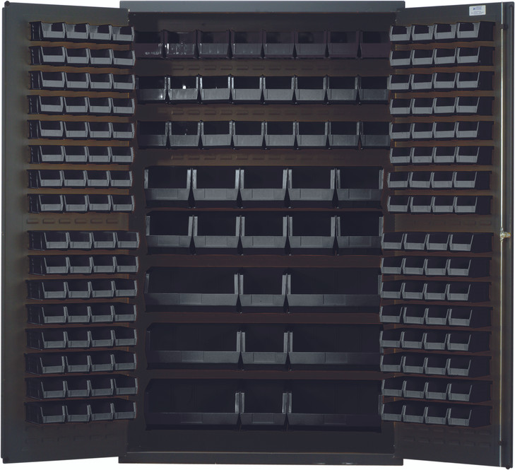 QSC-48BK Heavy-Duty 48" Bin Cabinet, 48"W x 24"D x 78"H, 14 gauge all welded construction, includes: (64) QUS210, (64) QUS220, (24) QUS230, (13) QUS240 and (6) QUS250 black bins, gray powder-coated finish