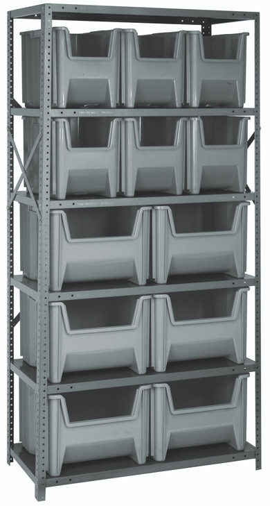 QSBU-600800GY Shelving Unit, 18"D x 36"L x 75"H, heavy duty, 400 lb. load capacity per shelf, includes: (6) shelves (6) QGH600 and (6) QGH800 gray bins, uprights and cross bars, galvanized steel finish