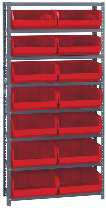 QSBU-250RD Shelving Unit, 12"D x 36"L x 75"H, heavy duty, 400 lb. load capacity per shelf, includes: (8) shelves and (14) QUS250 red bins, uprights and cross bars, galvanized steel finish