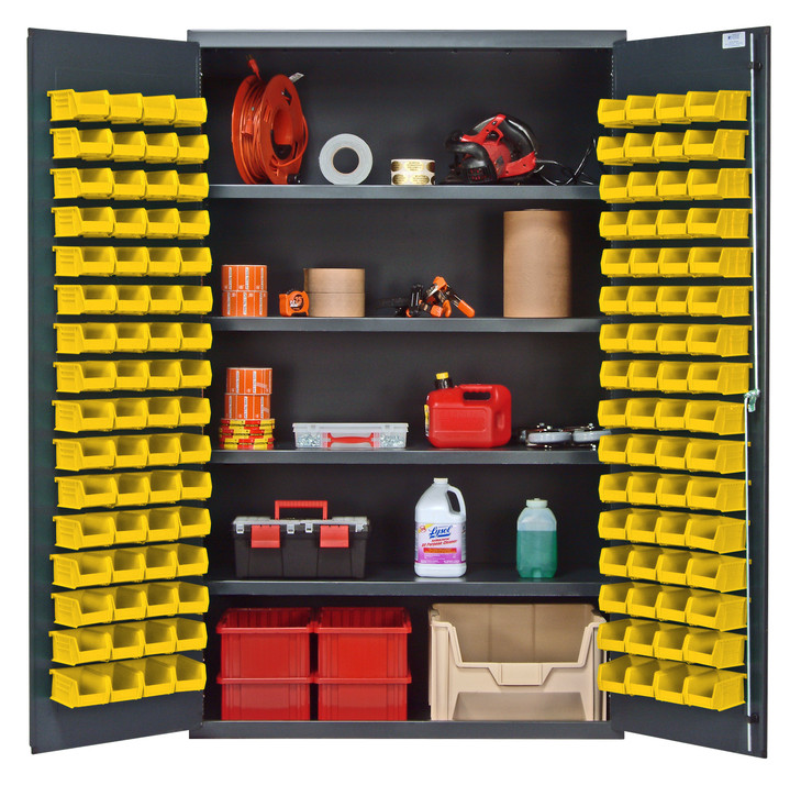 QSC-4803YL Heavy-Duty 48" Bin Cabinet, 48"W x 24"D x 78"H, 400 lb. capacity per interior shelf, 14 gauge all welded construction, includes: (4) adjustable shelves and (128) QUS210 yellow bins, gray powder-coated finish