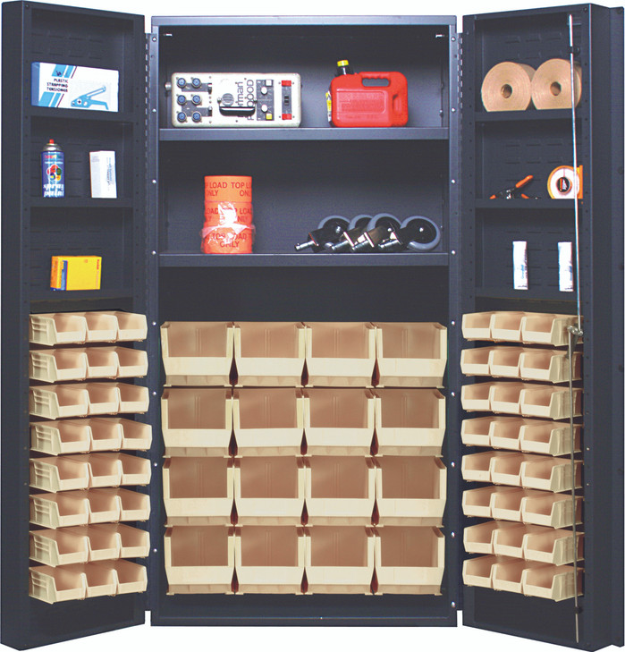 QSC-64-2S-6DSIV Heavy-Duty 36" Bin Cabinet, 36"W x 24"D x 72"H, 800 lb. capacity per interior shelf and 60 lb. capacity per foor shelf, 14 gauge all welded construction, includes: (48) QUS220 and (16) QUS240 ivory bins, gray power coated finish