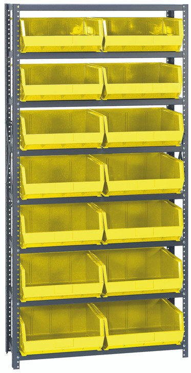 QSBU-250YL Shelving Unit, 12"D x 36"L x 75"H, heavy duty, 400 lb. load capacity per shelf, includes: (8) shelves and (14) QUS250 yellow bins, uprights and cross bars, galvanized steel finish