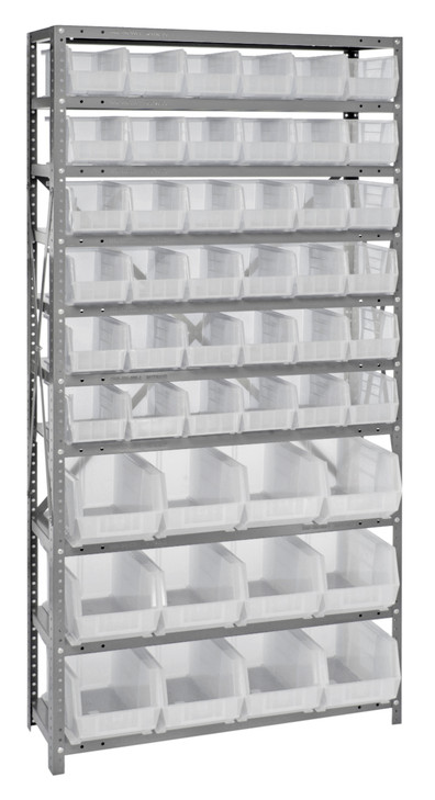 QSBU-230240CL Shelving Unit, 12"D x 36"L x 75"H, heavy duty, 400 lb. load capacity per shelf, includes: (10) shelves, (36) QUS230 and (12) QUS240 clear bins, uprights and cross bars, galvanized steel finish
