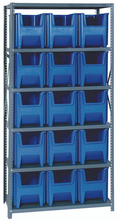 QSBU-600BL Shelving Unit, 18"D x 36"L x 75"H, heavy duty, 400 lb. load capacity per shelf, includes: (6) shelves and (15) QGH600 blue bins, uprights and cross bars, galvanized steel finish