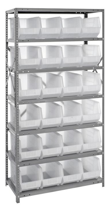 QSBU-265CL Shelving Unit, 18"D x 36"L x 75"H, heavy duty, 400 lb. load capacity per shelf, includes: (7) shelves and (24) QUS265 clear bins, uprights and cross bars, galvanized steel finish