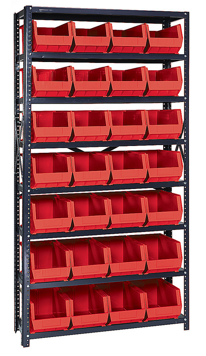 QSBU-240RD Shelving Unit, 12"D x 36"L x 75"H, heavy duty, 400 lb. load capacity per shelf, includes: (8) shelves and (28) QUS240 red bins, uprights and cross bars, galvanized steel finish