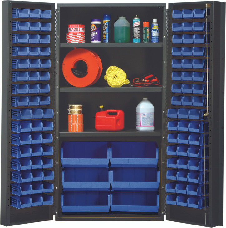 QSC-36SBL Heavy-Duty 36" Bin Cabinet, 36"W x 24"D x 72"H, 800 lb. capacity per interior shelf, 14 gauge all welded construction, includes: (3) adjustable shelves, (48) QUS210, (48) QUS220 and (6) QUS250 blue bins, gray powder-coated finish