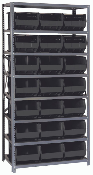 QSBU-255BK Shelving Unit, 18"D x 36"L x 75"H, heavy duty, 400 lb. load capacity per shelf, includes: (8) shelves and (21) QUS255 black bins, uprights and cross bars, galvanized steel finish