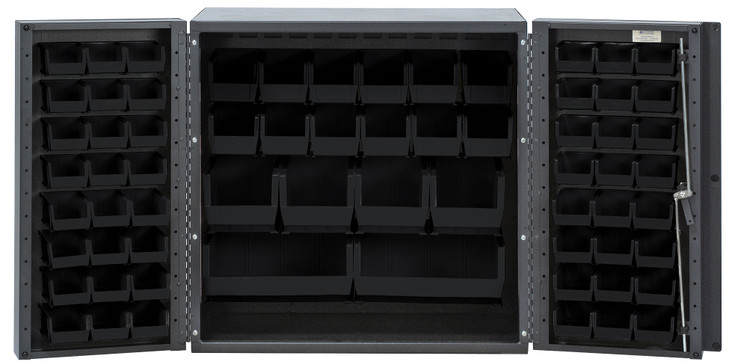 QSC-36-MINBK Heavy-Duty 36" Bin Cabinet, 36"W x 24"D x 36"H,  14 gauge all welded construction, includes: (24) QUS210, (24) QUS220, (12) QUS230, (4) QUS240 and (2) QUS250 black bins, gray powder-coated finish