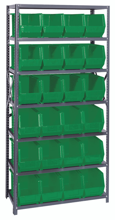 QSBU-265GN Shelving Unit, 18"D x 36"L x 75"H, heavy duty, 400 lb. load capacity per shelf, includes: (7) shelves and (24) QUS265 green bins, uprights and cross bars, galvanized steel finish