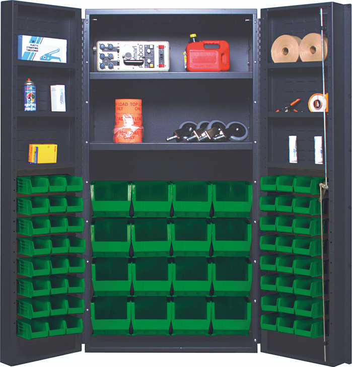 QSC-32-2S-6DSGN Heavy-Duty 36" Bin Cabinet, 36"W x 24"D x 72"H, 800 lb. capacity per interior shelf and 60 lb. capacity per foor shelf, 14 gauge all welded construction, includes: (16) QUS236 and (16) QUS240 green bins, gray powder-coated finish