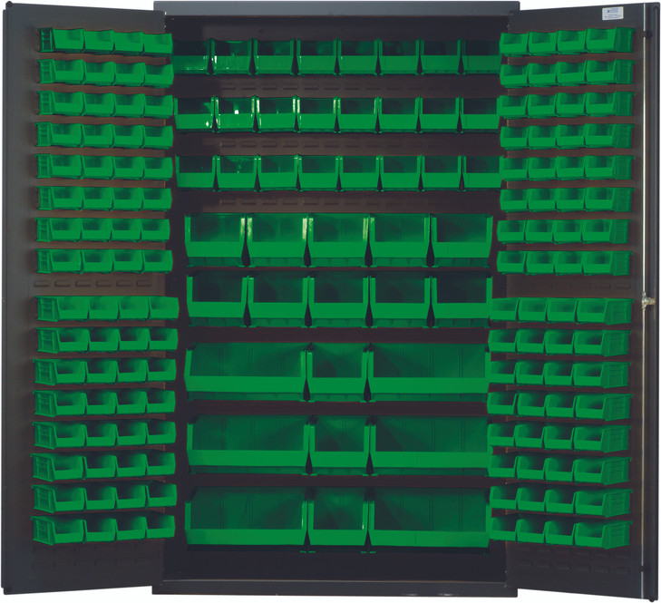 QSC-48GN Heavy-Duty 48" Bin Cabinet, 48"W x 24"D x 78"H, 14 gauge all welded construction, includes: (64) QUS210, (64) QUS220, (24) QUS230, (13) QUS240 and (6) QUS250 green bins, gray powder-coated finish
