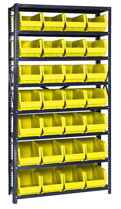 QSBU-240YL Shelving Unit, 12"D x 36"L x 75"H, heavy duty, 400 lb. load capacity per shelf, includes: (8) shelves and (28) QUS240 yellow bins, uprights and cross bars, galvanized steel finish