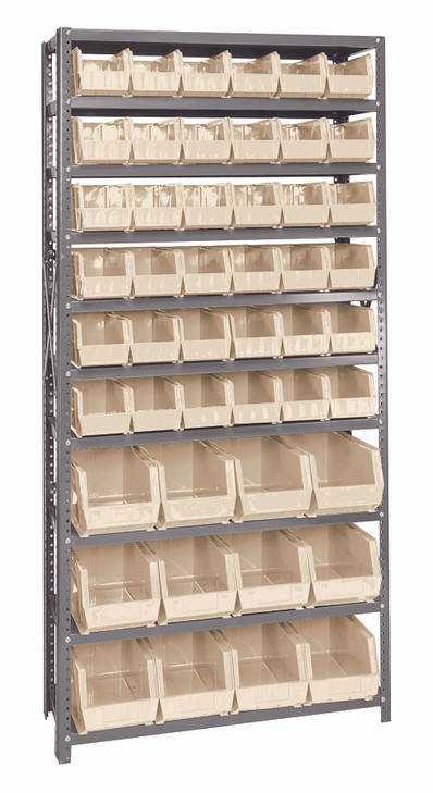 QSBU-230240IV Shelving Unit, 12"D x 36"L x 75"H, heavy duty, 400 lb. load capacity per shelf, includes: (10) shelves, (36) QUS230 and (12) QUS240 ivory bins, uprights and cross bars, galvanized steel finish