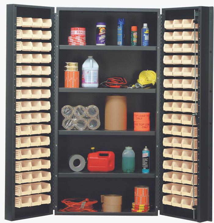 QSC-36-96-4ISIV Heavy-Duty 36" Bin Cabinet, 36"W x 24"D x 72"H, 800 lb. capacity per interior shelf, 14 gauge all welded construction, includes: (92) QUS210 ivory bins, gray powder-coated finish