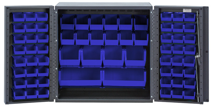 QSC-36-MINBL Heavy-Duty 36" Bin Cabinet, 36"W x 24"D x 36"H,  14 gauge all welded construction, includes: (24) QUS210, (24) QUS220, (12) QUS230, (4) QUS240 and (2) QUS250 blue bins, gray powder-coated finish