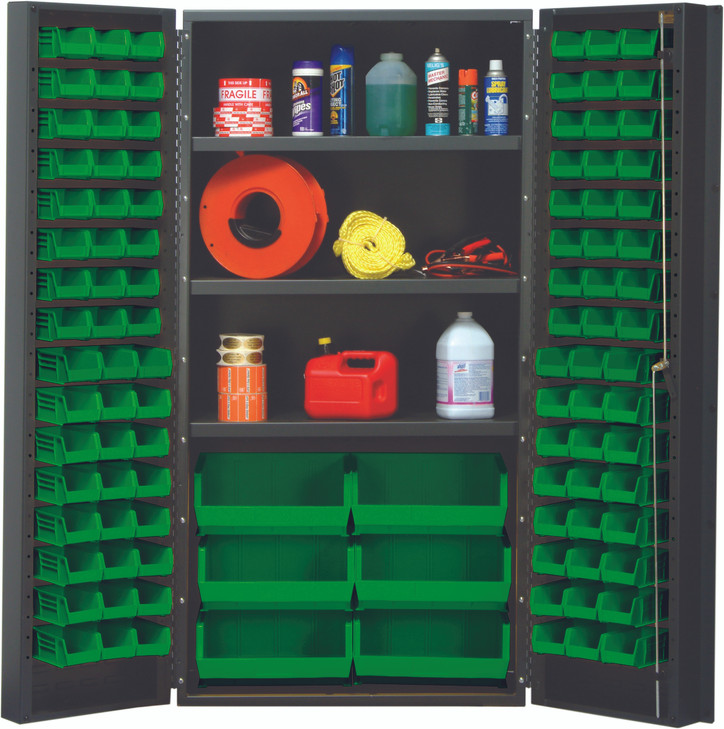 QSC-36SGN Heavy-Duty 36" Bin Cabinet, 36"W x 24"D x 72"H, 800 lb. capacity per interior shelf, 14 gauge all welded construction, includes: (3) adjustable shelves, (48) QUS210, (48) QUS220 and (6) QUS250 green bins, gray powder-coated finish