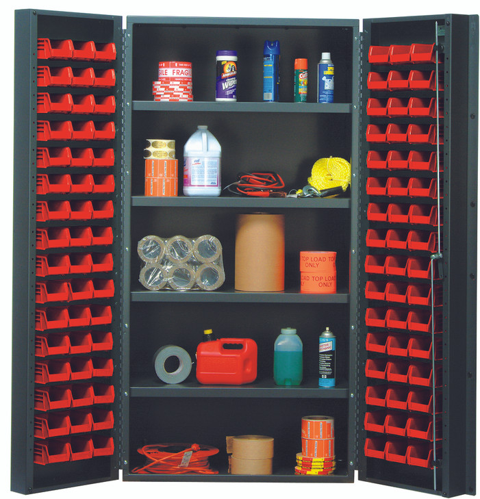 QSC-36-96-4ISRD Heavy-Duty 36" Bin Cabinet, 36"W x 24"D x 72"H, 800 lb. capacity per interior shelf, 14 gauge all welded construction, includes: (92) QUS210 red bins, gray powder-coated finish