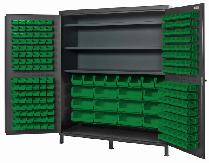 QSC-72S-84GN Heavy-Duty 72" Bin Cabinet, 72"W x 24"D x 84"H, 500 lb. capacity per interior shelf, 14 gauge all welded construction, includes: (3) adjustable shelves, (32) QUS232, (32) QUS236, (8) QUS240 and (12) QUS250 green bins