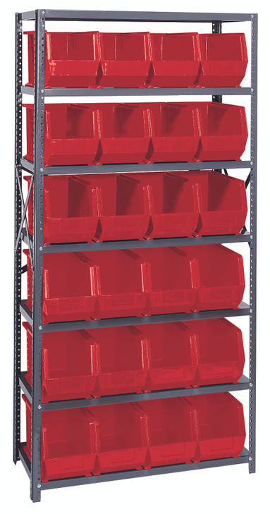 QSBU-265RD Shelving Unit, 18"D x 36"L x 75"H, heavy duty, 400 lb. load capacity per shelf, includes: (7) shelves and (24) QUS265 red bins, uprights and cross bars, galvanized steel finish