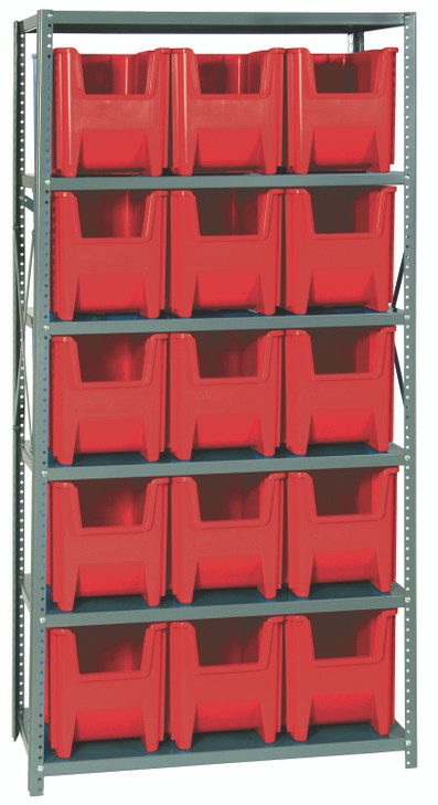 QSBU-600RD Shelving Unit, 18"D x 36"L x 75"H, heavy duty, 400 lb. load capacity per shelf, includes: (6) shelves and (15) QGH600 red bins, uprights and cross bars, galvanized steel finish