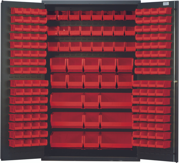 QSC-48RD Heavy-Duty 48" Bin Cabinet, 48"W x 24"D x 78"H, 14 gauge all welded construction, includes: (64) QUS210, (64) QUS220, (24) QUS230, (13) QUS240 and (6) QUS250 red bins, gray powder-coated finish