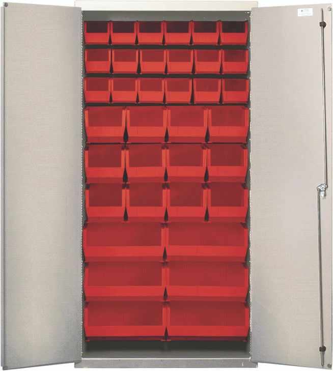 QSC-BG-36-FDRD Heavy-Duty 36" Bin Cabinet, 36"W x 18"D x 72"H, 14 gauge all welded construction, includes: (18) QUS230, (12) QUS240 and (6) QUS250 red bins, beige powder-coated finish