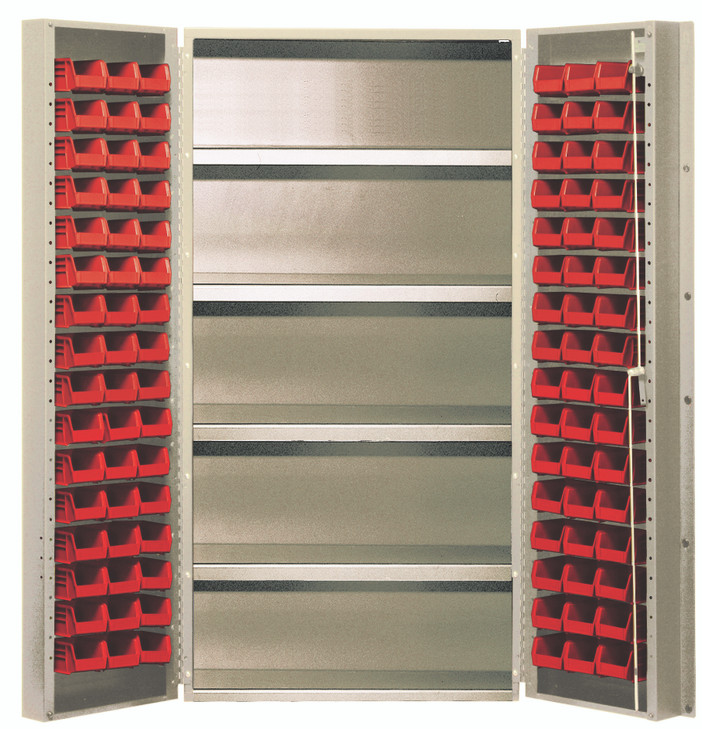 QSC-BG-36-32-4ISRD Heavy-Duty 36" Bin Cabinet, 36"W x 24"D x 72"H, 800 lb. capacity per interior shelf, 14 gauge all welded construction, includes: (32) QUS232 red bins, beige powder-coated finish