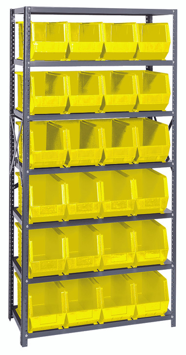 QSBU-265YL Shelving Unit, 18"D x 36"L x 75"H, heavy duty, 400 lb. load capacity per shelf, includes: (7) shelves and (24) QUS265 yellow bins, uprights and cross bars, galvanized steel finish