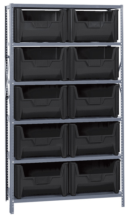QSBU-700BK Shelving Unit, 18"D x 42"L x 75"H, heavy duty, 400 lb. load capacity per shelf, includes: (6) shelves and (10) QGH700 black bins, uprights and cross bars, galvanized steel finish