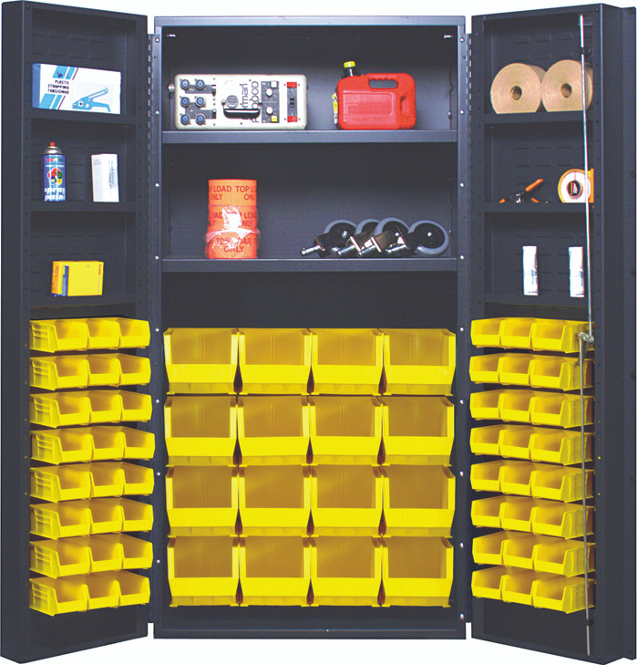 QSC-32-2S-6DSYL Heavy-Duty 36" Bin Cabinet, 36"W x 24"D x 72"H, 800 lb. capacity per interior shelf and 60 lb. capacity per foor shelf, 14 gauge all welded construction, includes: (16) QUS236 and (16) QUS240 yellow bins, gray powder-coated finish