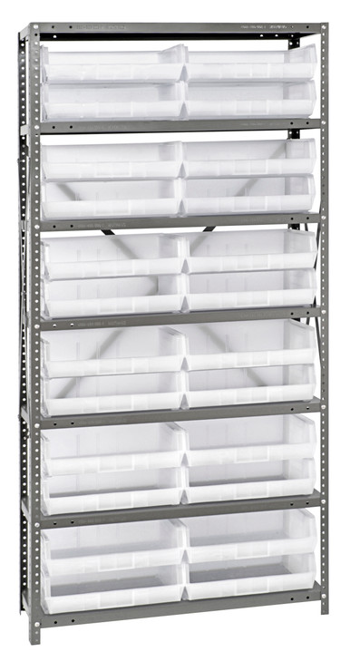 QSBU-245CL Shelving Unit, 12"D x 36"L x 75"H, heavy duty, 400 lb. load capacity per shelf, includes: (7) shelves and (24) QUS245 clear bins, uprights and cross bars, galvanized steel finish